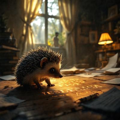 Primary subject: A small hedgehog sitting on a table.

Setting/background: The hedgehog is sitting on a wooden table, surrounded by books and papers.

Visual style: The image is a digital art or illustration of a hedgehog.

Colors and mood: The image has a warm and cozy atmosphere, with the hedgehog being the main focus.